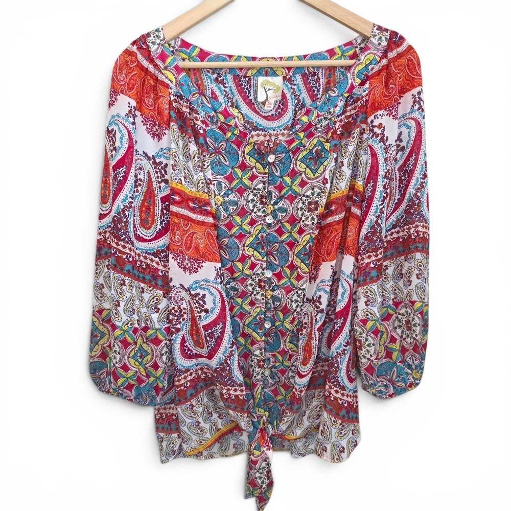 Fig & Flower Top Womens Plus 2X Orange Paisley Print Sheer Waist Tie Blouse